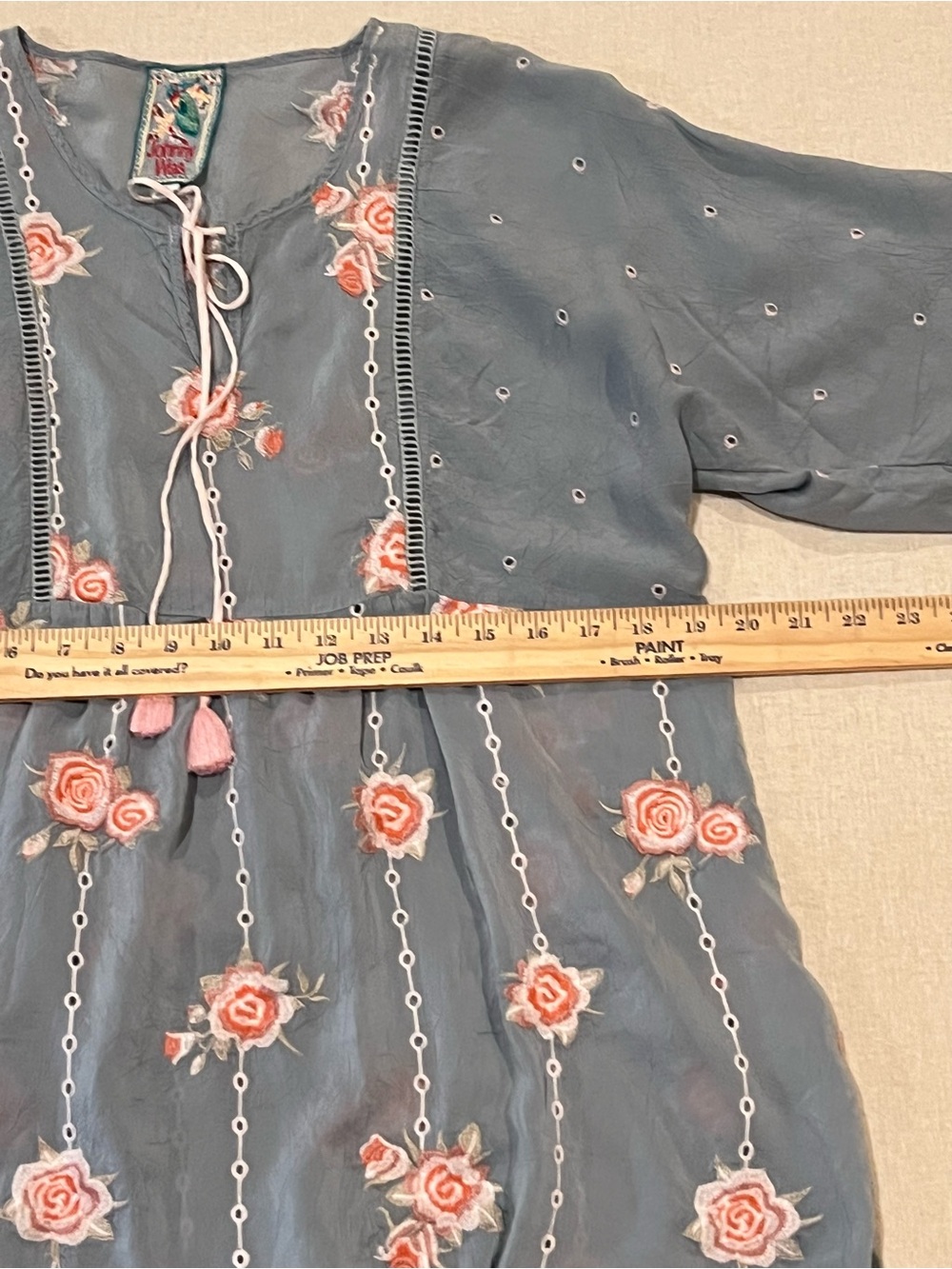 Johnny Was Embroidered Feminine Tunic Slate Blue Cupra Rayon Pink Floral Small - Picture 13 of 13